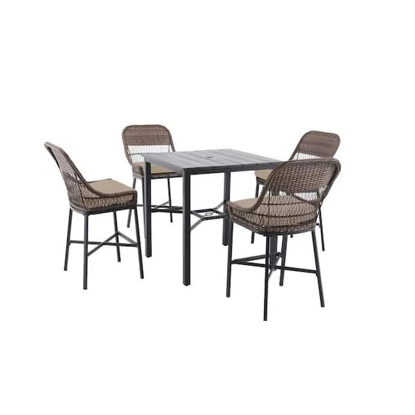 Hampton Bay Beacon Park 5-Piece Brown Wicker Outdoor Patio High Dining Set (Beige) - $475