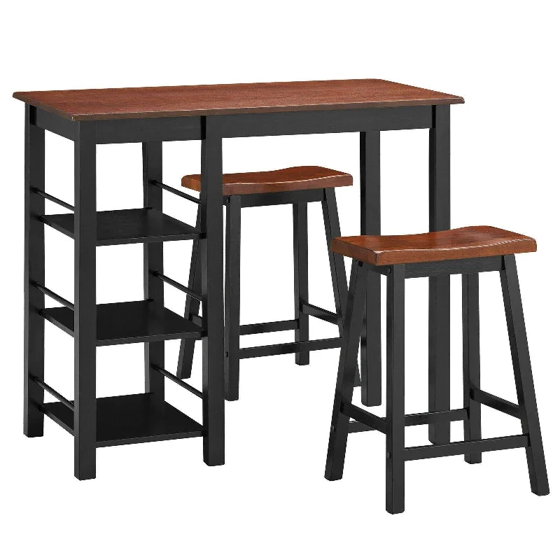 3 Piece Dining Set, Entirely Wood Counter Height Table Set with 2 Chair and 3-Tier Storage Shelves