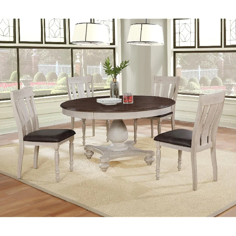 Arch Solid Wood Dining Set: Round Table, Four Chairs, Distressed White And Dar