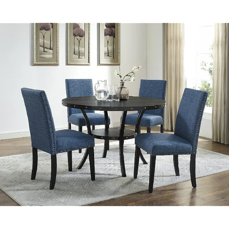 Collection Biony Espresso Wood Dining Set With Blue Fabric Nailhead Chairs,