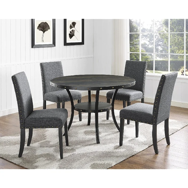 Collection Biony Espresso Wood Dining Set With Gray Fabric Nailhead Chairs,