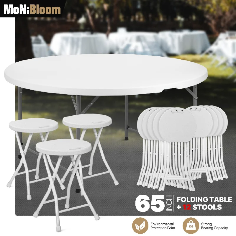 Foldable Dining Set[Round Table+12 Chair]5.5Ft Outdoor Patio Desk Portable Stool