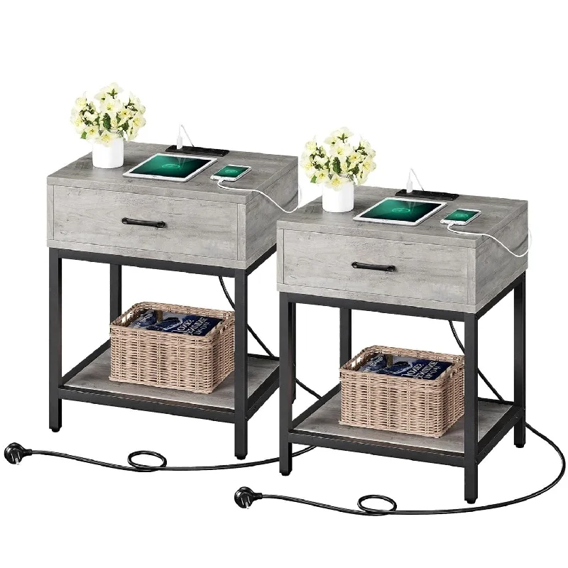 2pcs Side Table with USB Ports and Outlets