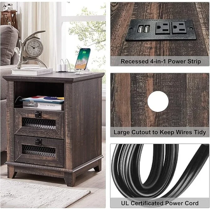 Farmhouse Nightstand Set of 2 with Charging Station, End Table