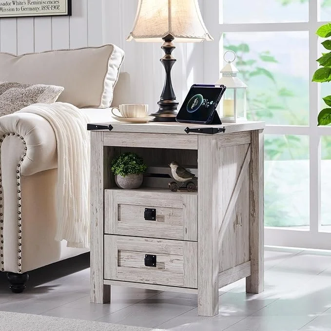 Farmhouse Nightstand with Charging Station, End Table, Side Table