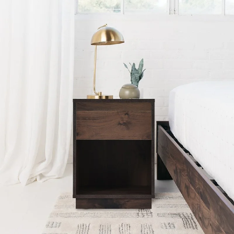 1-Drawer Dark Brown Nightstand, Open Storage End Table