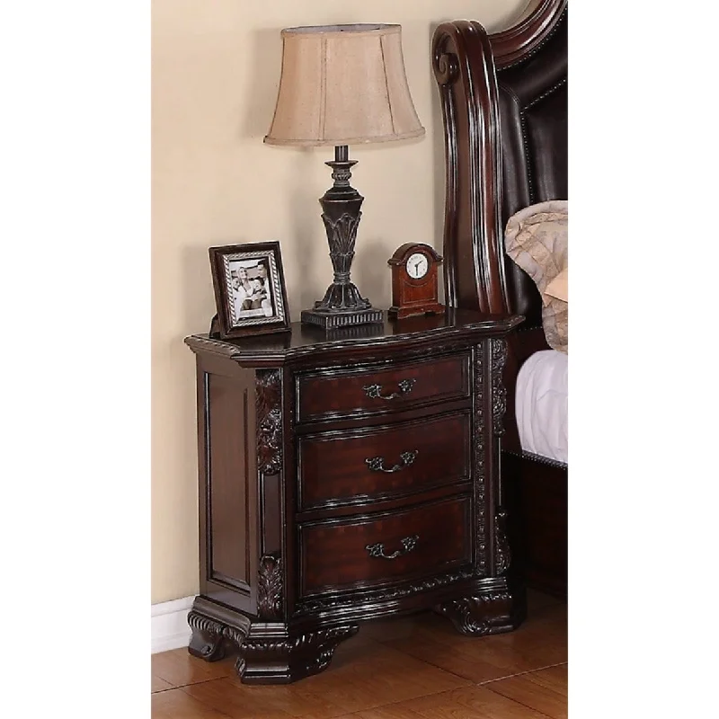 1pc Traditional Nightstand End Table with Three Storage Drawers Brown Cherry Decorative Drawer Pulls Solid Wood