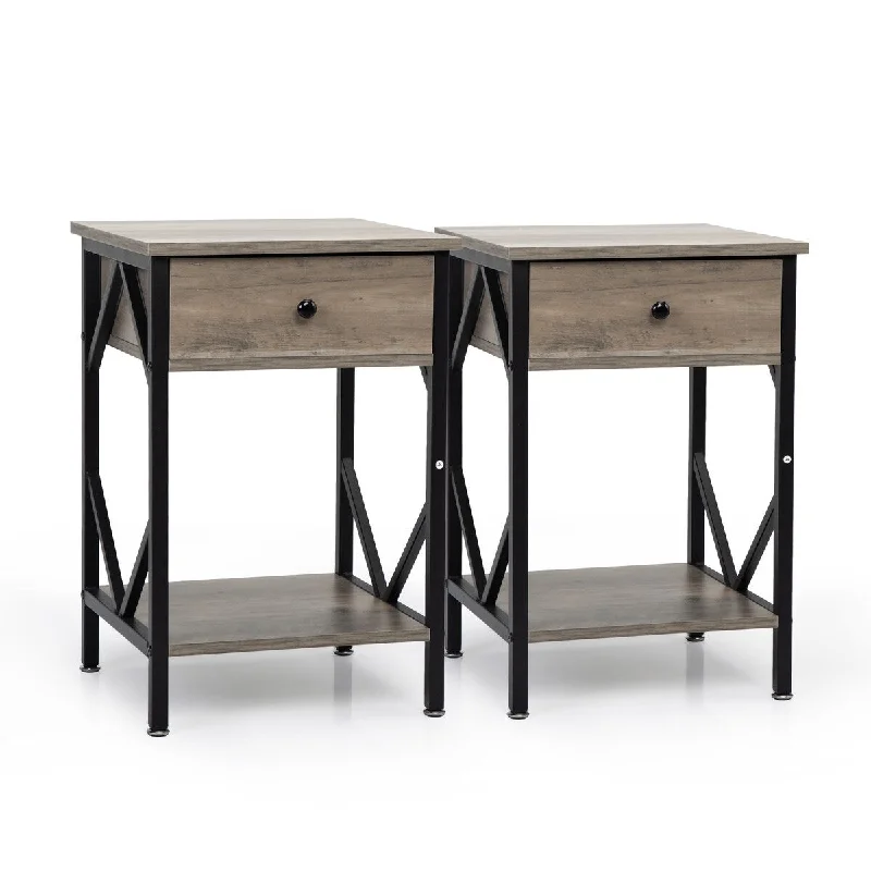 2pcs Industrial Nightstand End Table with Drawer and Shelf