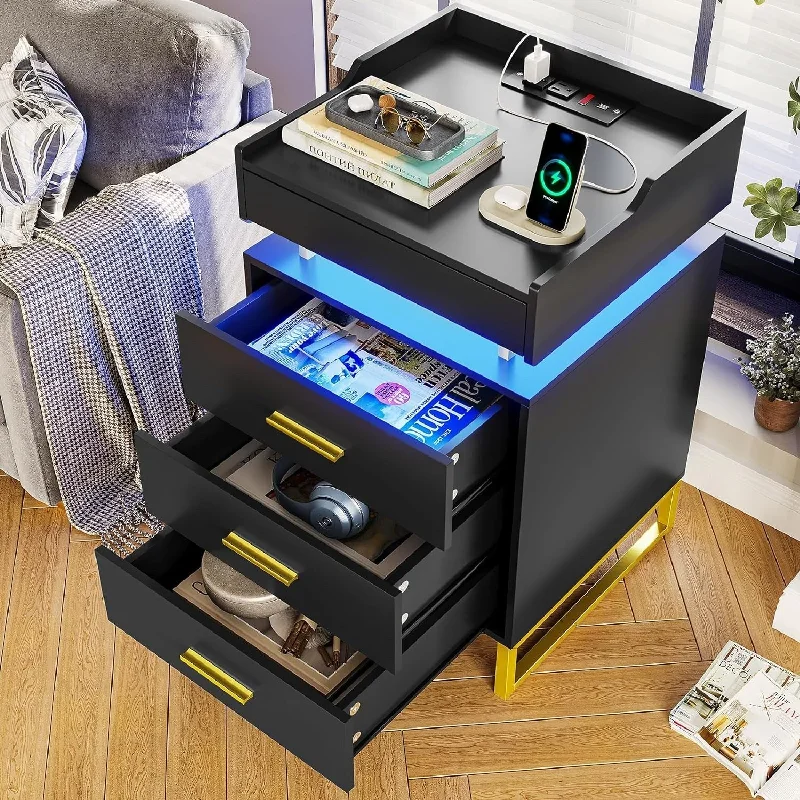 3 Drawers LED Nightstand Charging Station End Table