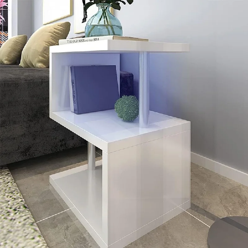 3 Tier S-Shaped End Table,High Gloss Side Table With Open Storage Shelf And USB Power Supply,White LED Coffee Table