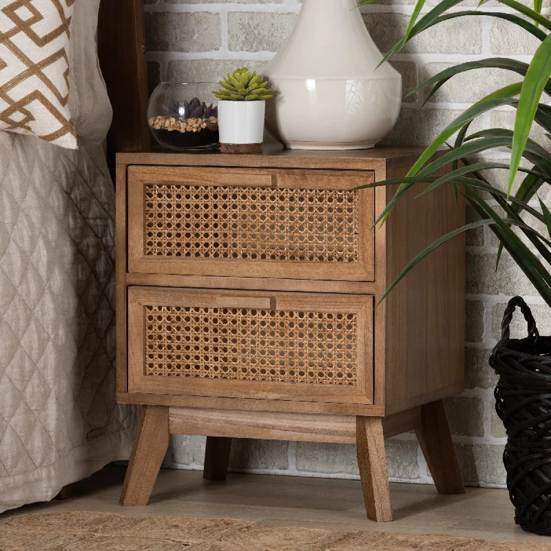 Baxton Studio Baden Mid-Century Modern Walnut Brown Finished Wood 2-Drawer End Table with Rattan