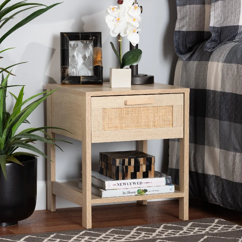 Baxton Studio Sebille Mid-Century Modern Light Brown Finished Wood 1-Drawer End Table with Natural Rattan