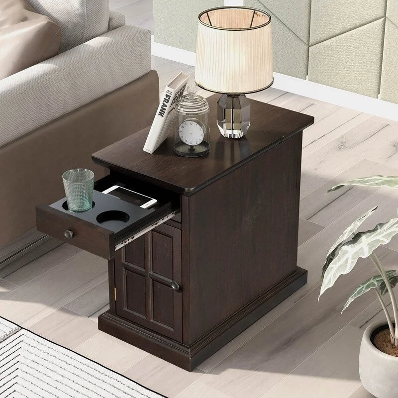 Classic Vintage Side Table with USB Ports and One Drawer with Cup Holders