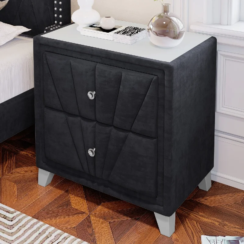 Contemporary Velvet Upholstered Nightstand End Table with Two Drawers Solid Wood