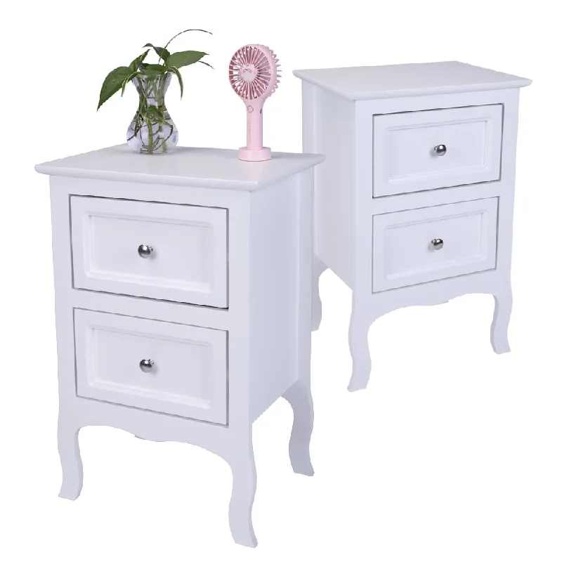 Country Style End Table NightStand with 2 Drawers (Set of 2)