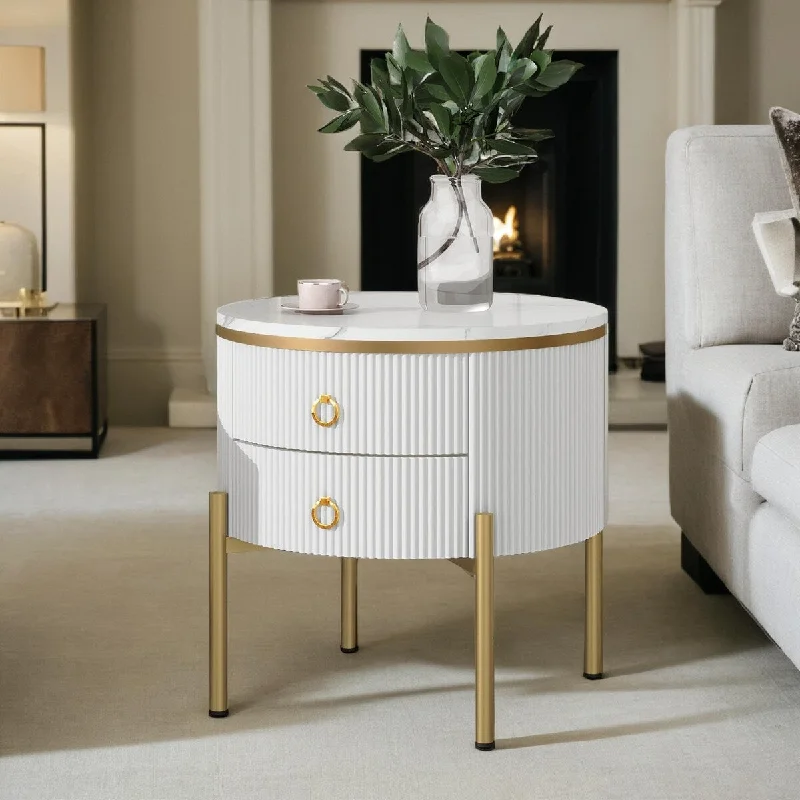 Easy Assembly Round End Table with Storage Drawers, Fluted Nightstand with High Gloss Faux Marble Tabletop