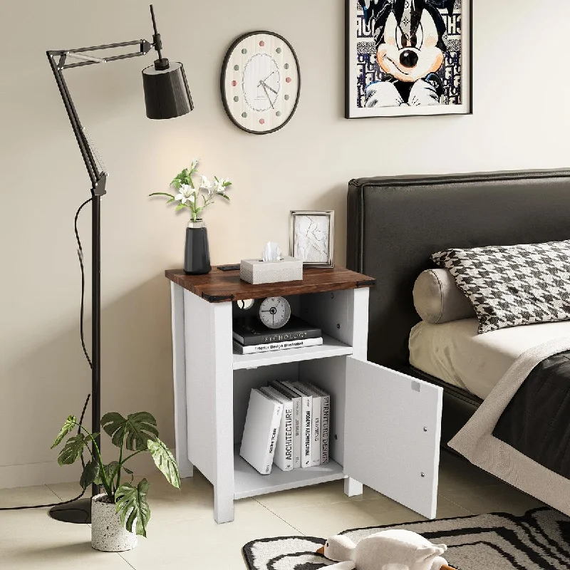 Farmhouse Nightstand 18 Inch with Charging Station USB Type C Port, End Table Side Table with Storage Shelf Magnetic Door