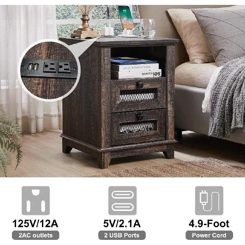 Farmhouse Nightstand with Charging Station, End Table, Side Table