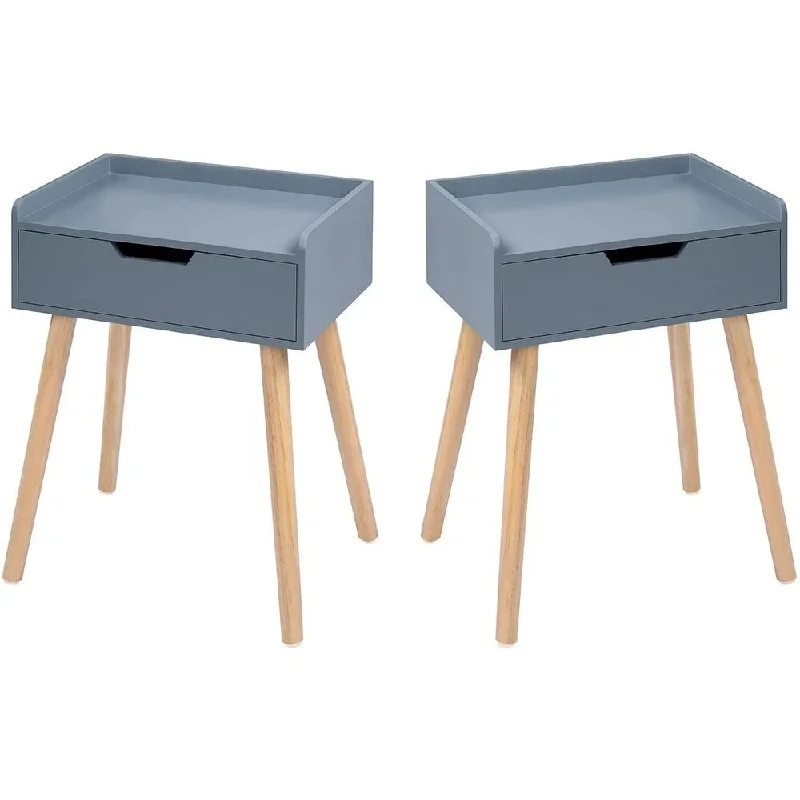 Floating Shelf End Table with Drawer - Set of 2 Wooden Side Tables - Space-Saving and Modern