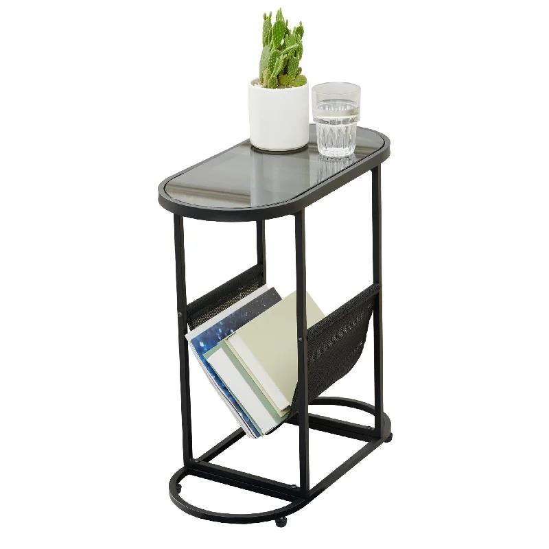 Glass Oval Small Side Tables with Magazine Organizer