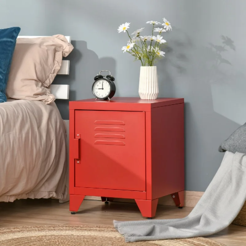 Industrial End Table, Living Room Side Table with Locker-Style Door and Adjustable Shelf, Red