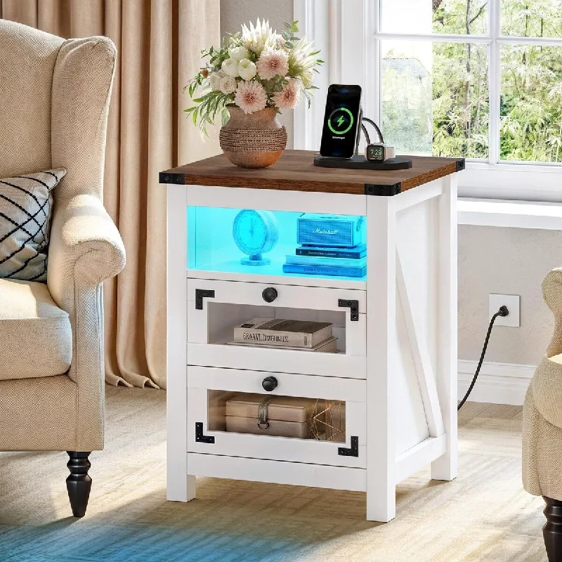 Moasis Farmhouse 2 Drawer Nightstand with Charging Station, Side End Table with LED Lights