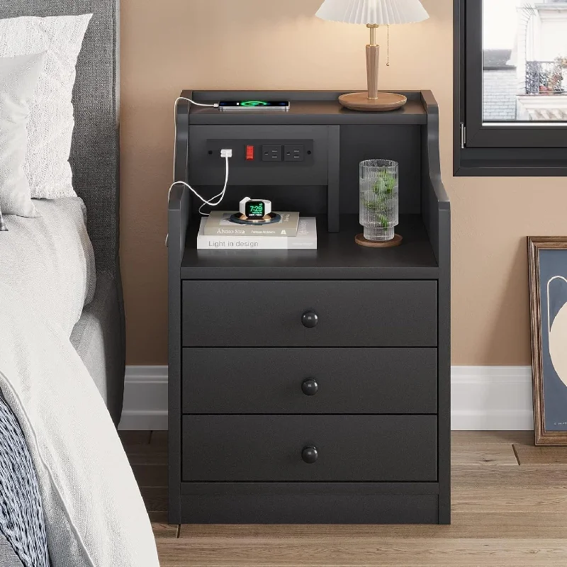 Nightstand End Table with Hutch 3 Storage Drawers Charging Station