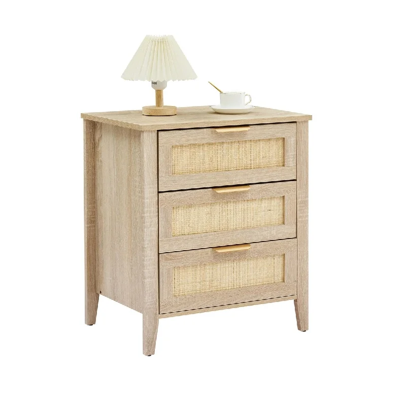 Nightstand, Rattan End Table, Rattan Nightstand Boho Cabinet with 3 Natural Rattan Drawers