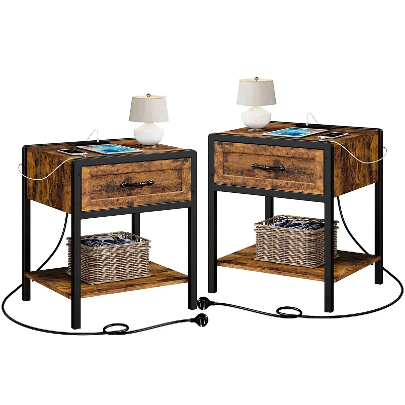 Nightstand Set of 2, Vintage Brown End Tables with USB Ports and Storage Drawers