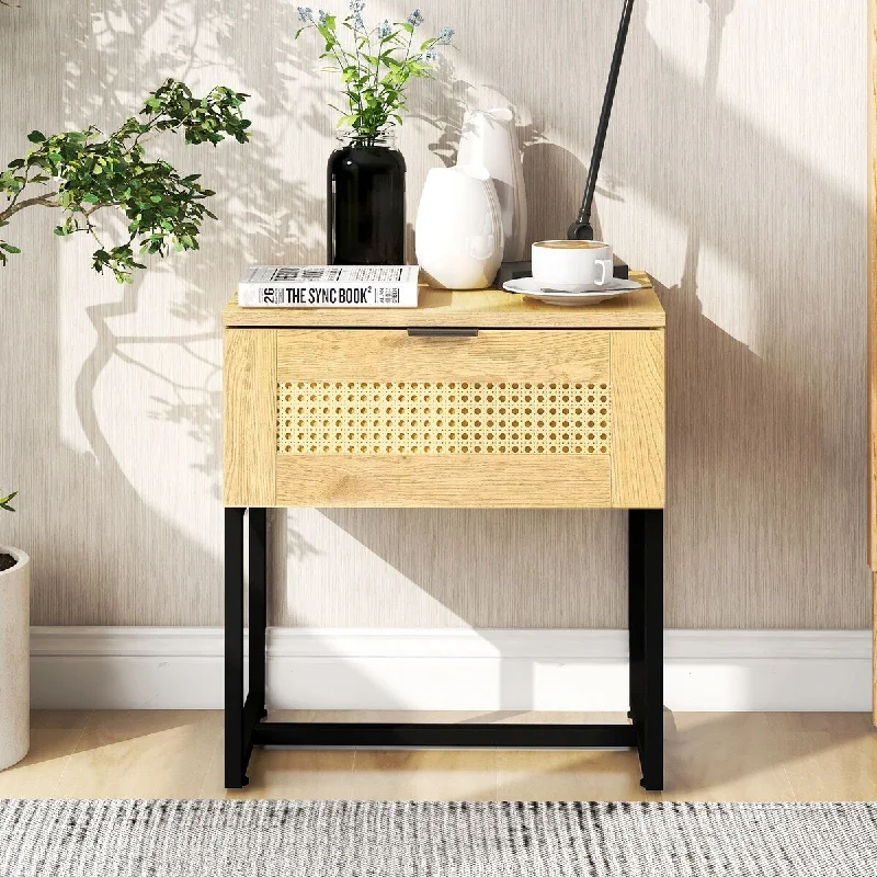 Nightstand Side Table, End Table, with Wicker Rattan