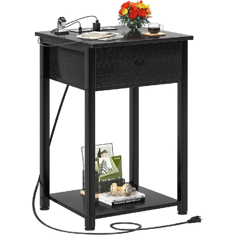 Nightstand with Charging Station End Table Side Table 15.8"D x 15.8"W x 21.7"H