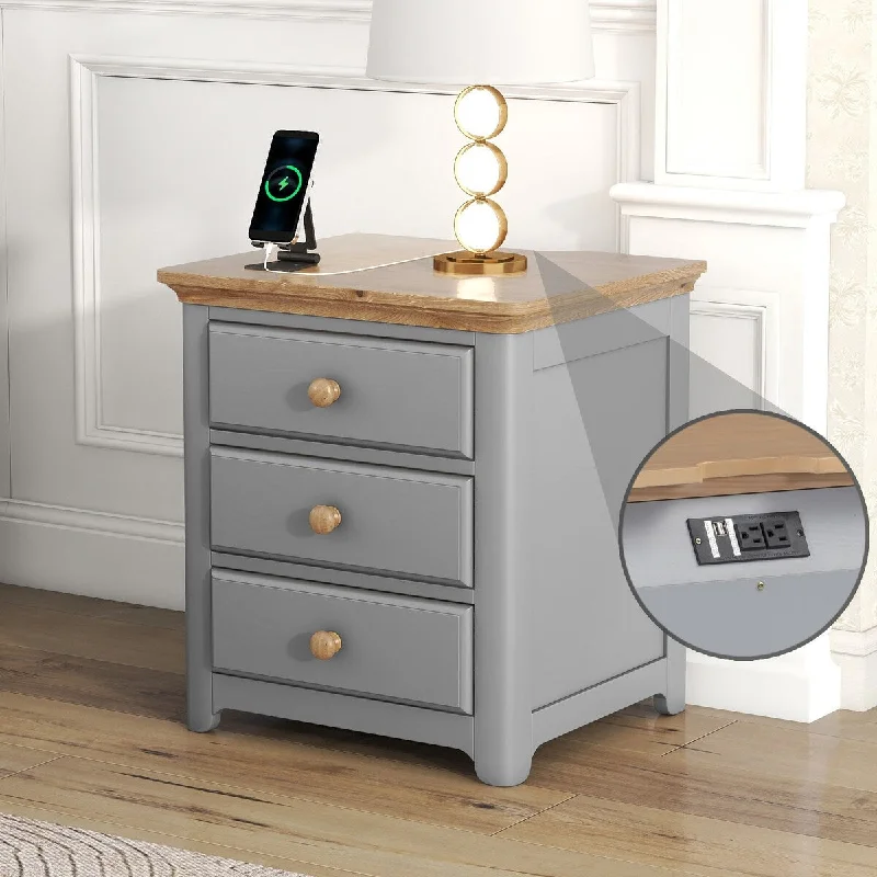 Nightstand with USB Charging Ports and Three Drawers,End Table