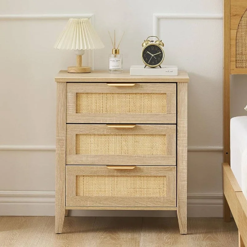 Rattan End Table, Nightstands with 3 Natural Drawers