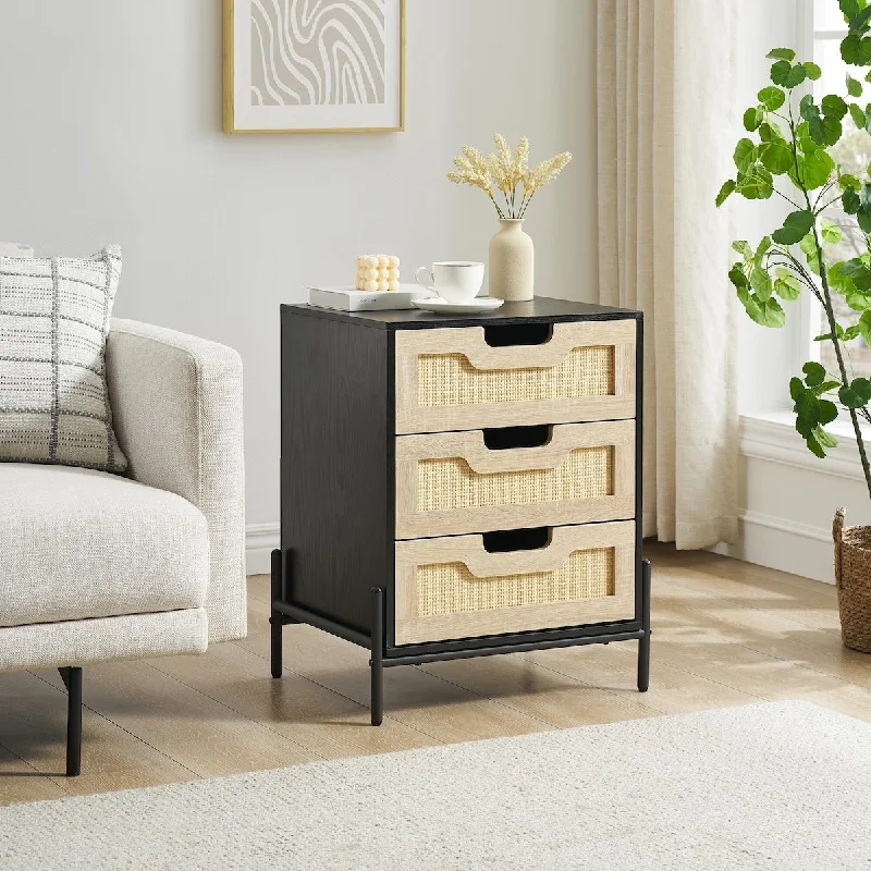 Rattan End Table, Nightstands with 3 Natural Rattan Drawers 1 or 2 Pack