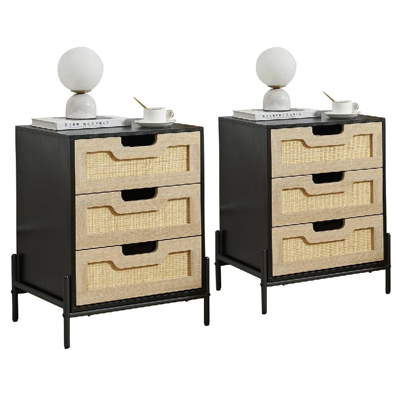 Rattan End Table, Nightstands with 3 Natural Rattan Drawers 1 or 2 Pack