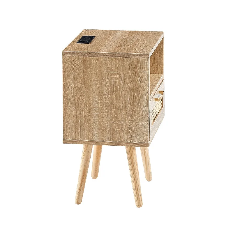 Rattan Night Stand with Power Outlet & USB Ports End Table with Drawer