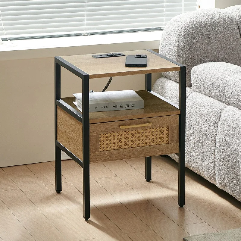 Rattan Nightstand, 15.75" Rattan End Table with Charging Station, Drawer & Solid Wood Legs