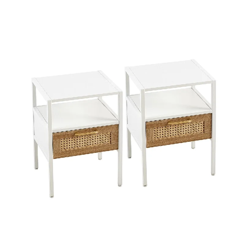 Rattan Nightstand Set of 2, 15.75" Rattan End Table W/Drawer, Solid Wood Legs, Farmhouse Small Side Table