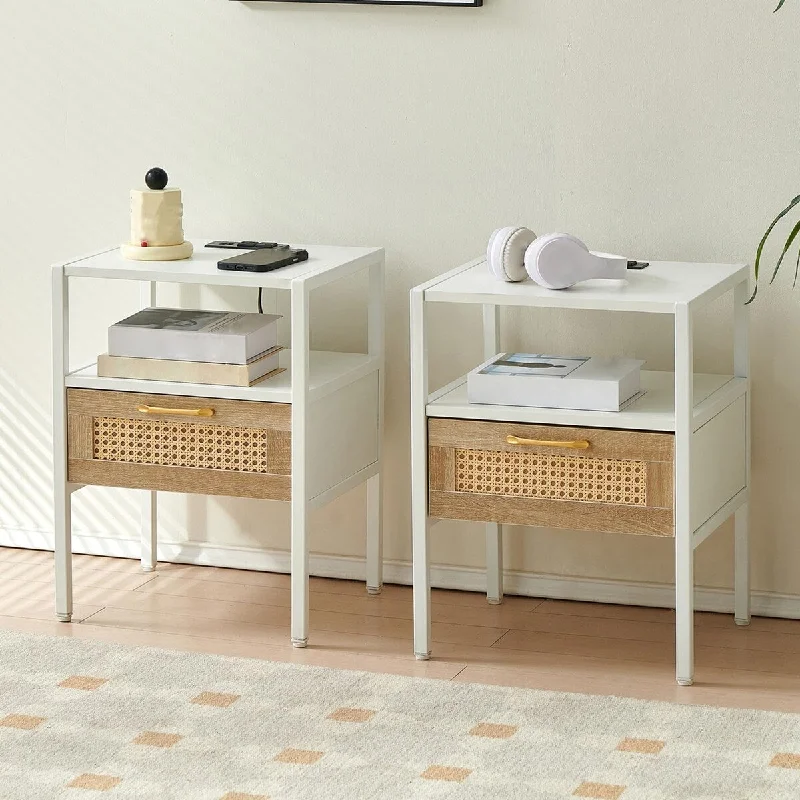 Rattan Nightstand Set of 2 with Charging Station,Narrow Side Table with Wood Legs & Drawer, Wood Accent End Table