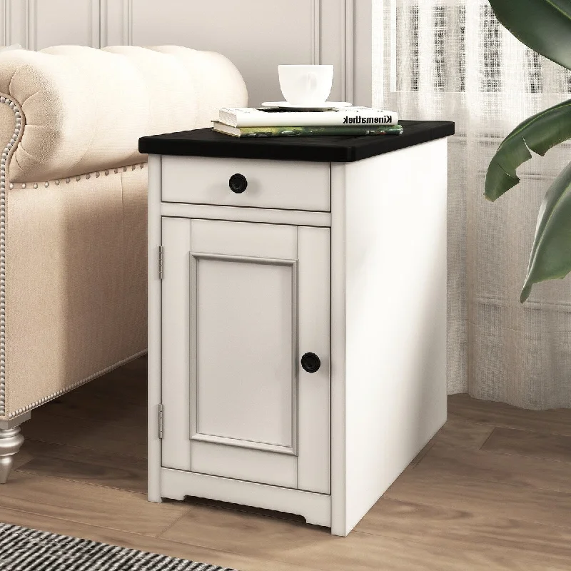 Retro Stylish Nightstand, Two-tone Livingroom End Table Side Table With USB Ports Multifunctional Drawer With Cup Holders