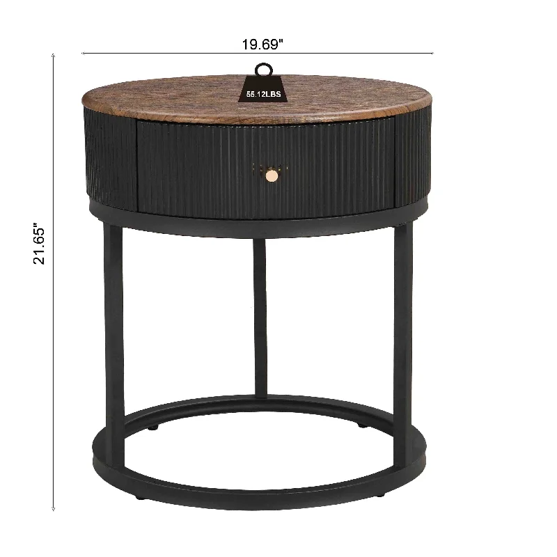 Round Nightstand with Drawer, 19.68 Inch Wood End Table with Storage, Small Table or Living Room