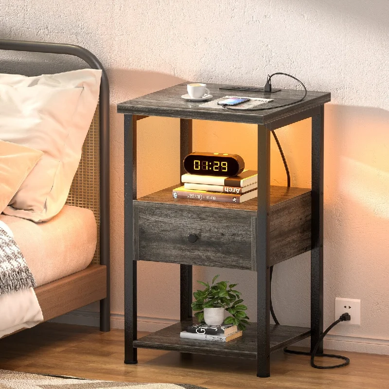 Set of 2 Nightstand with Charge Station and LED Light, End Table with Drawers