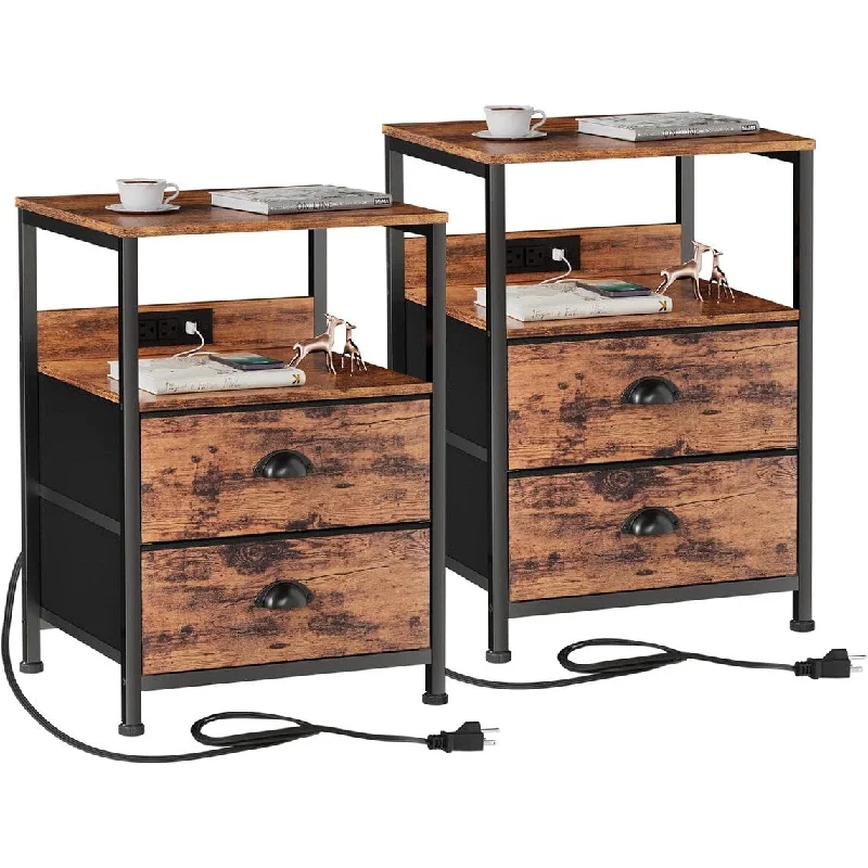 Set of 2 Nightstands End Table with Charging Station 15.4"D x 15.8"W x 22.3"H