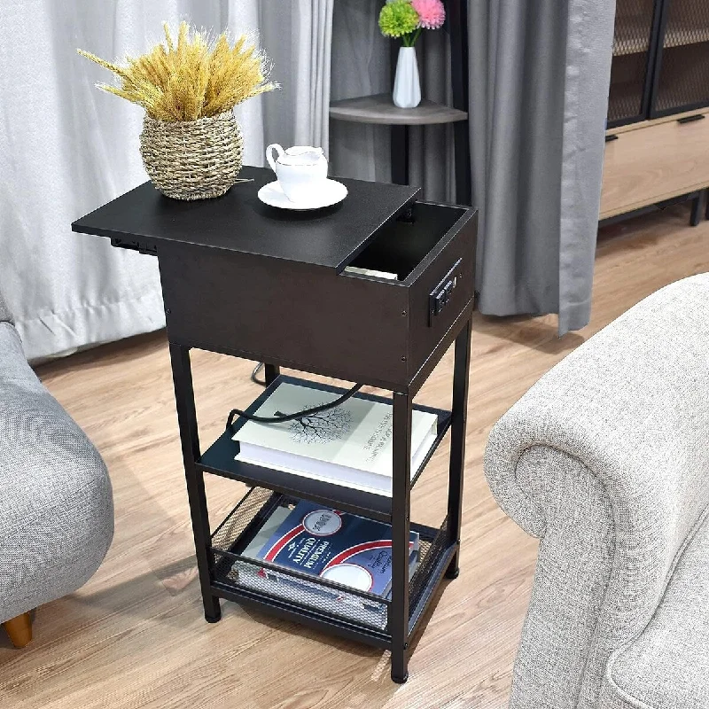 Slim End Table Narrow Nightstand with Charging Station 12"D x 16"W x 27.6"H