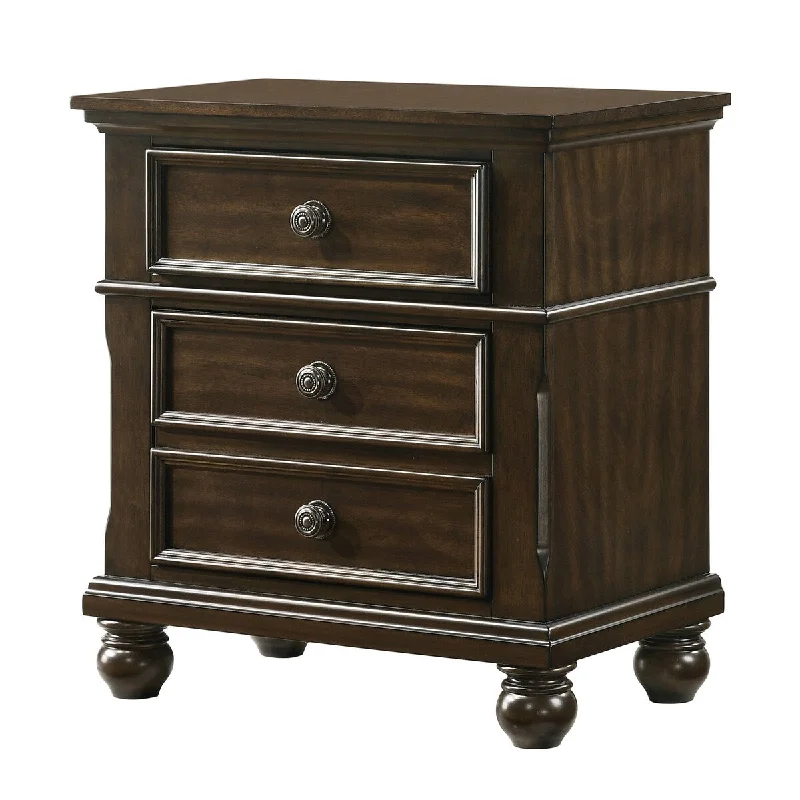 Traditional 3-Drawer Nightstand, with Bun Feet 1-Pc End Table Brown Wood Veneers & Solids Furniture