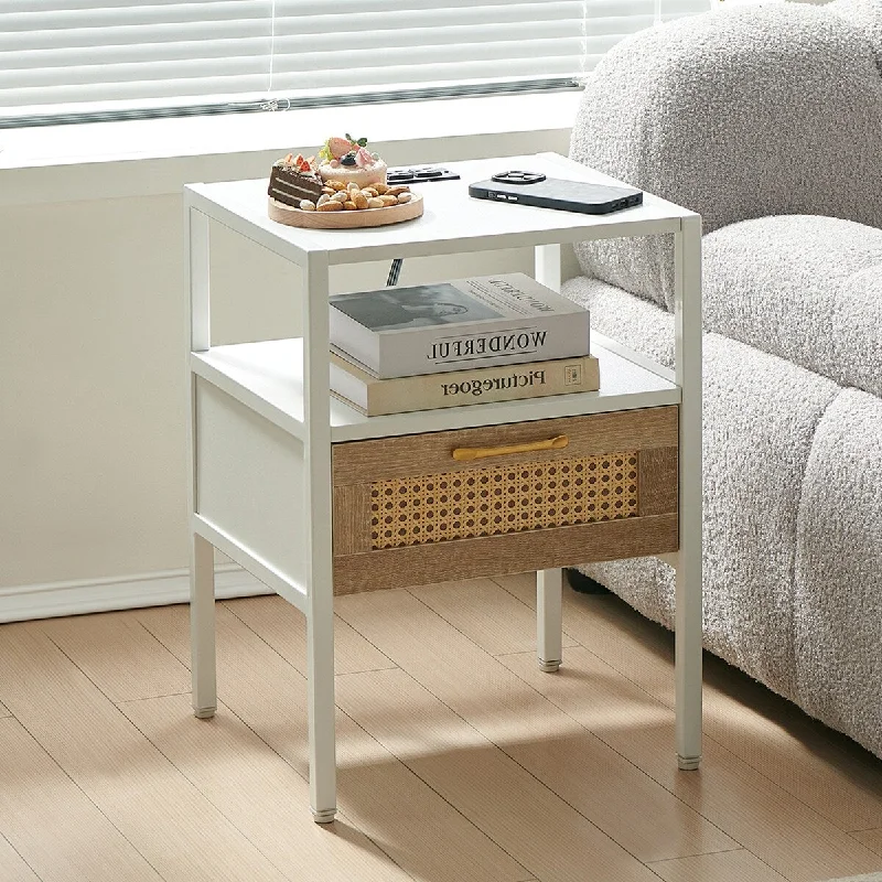 15.75" Rattan End table with Power Outlet & USB Ports, Modern nightstand with drawer and metal legs, side table(1 PC)