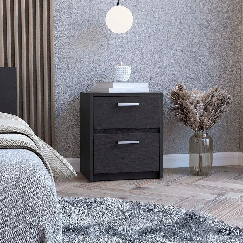 2 Drawers Nightstand , End Table, Side Table Metal Handles -Black