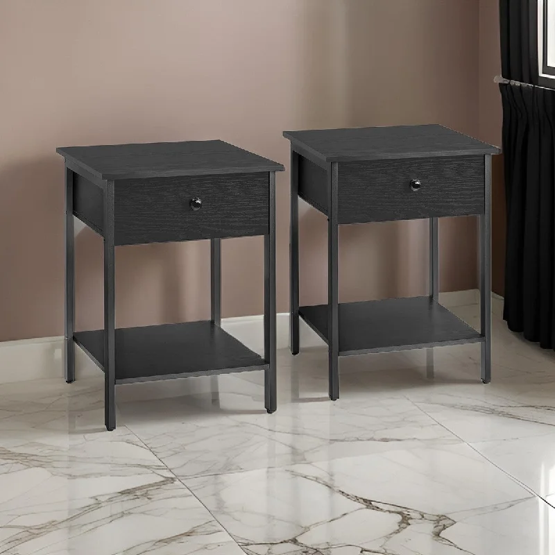 22 Inch Side End Table Nightstand Set of 2, Drawer, Modern Ebony Black