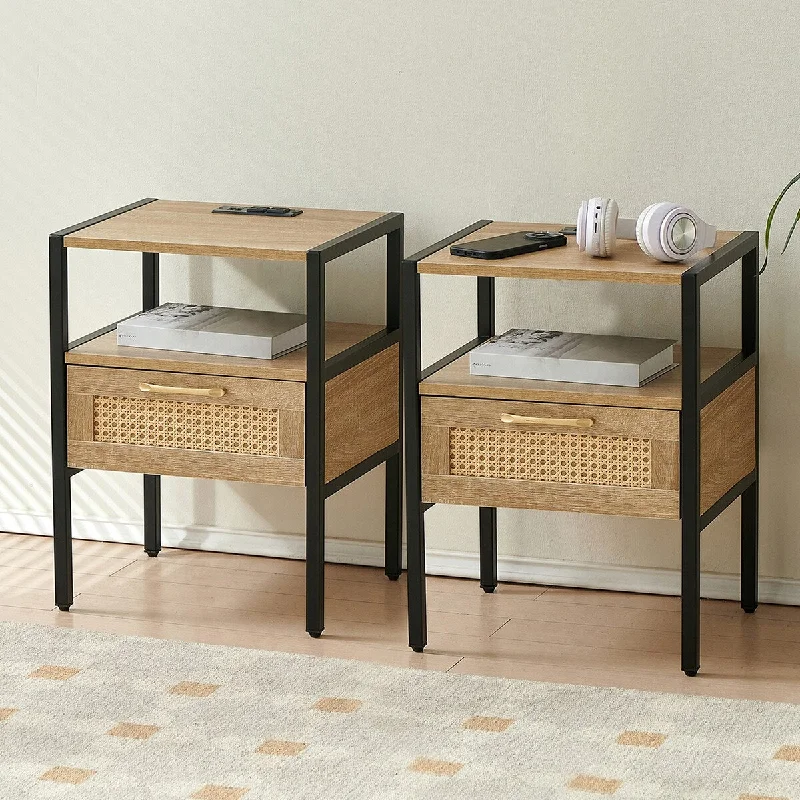 2PCS Rattan Nightstand with Charging Station,Narrow End Table with Drawer,Wooden Accent Side Table