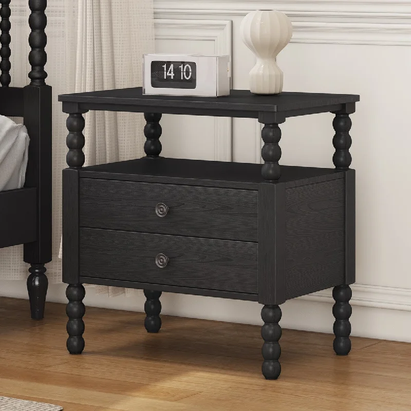 Antique Black Solid Wood 2-Drawer Nightstand End Table